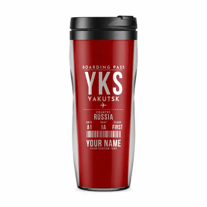 Platon Oyunsky Yakutsk International Airport (YKS) Travel Mugs - Boarding Pass + Name - Plastic (No Holder) - Red