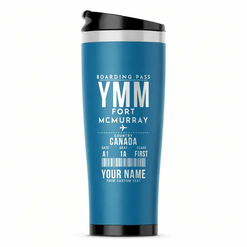 Fort McMurray International Airport (YMM) Travel Mugs - Boarding Pass + Name - Stainless Steel (No Holder) - Light Blue