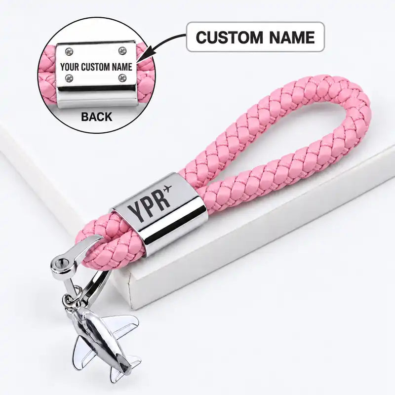Prince Rupert Airport (YPR) Leather Key Chains - Leather Key Chain - Braided Leather - Original Design - Pink + Name