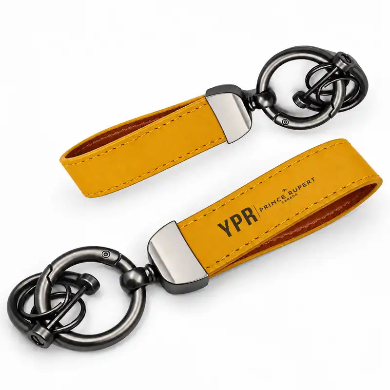 Prince Rupert Airport (YPR) Leather Key Chains - Leather Key Chain - Horseshoe Buckle - Original Design - Yellow
