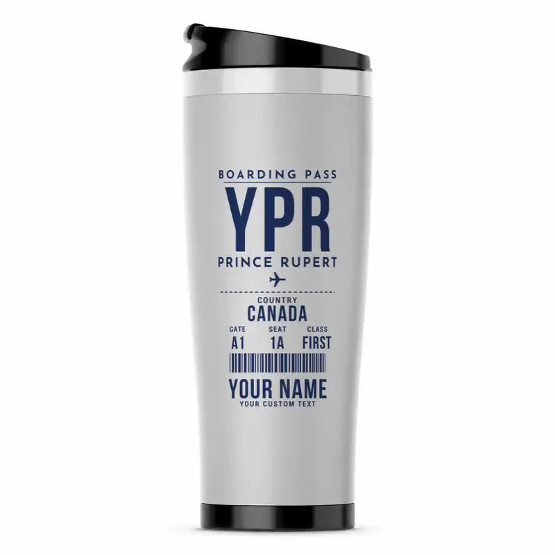 Prince Rupert Airport (YPR) Travel Mugs - Boarding Pass + Name - Stainless Steel (No Holder) - Light Gray