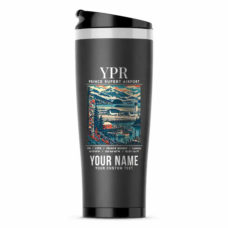 Prince Rupert Airport (YPR) Travel Mugs - Poster + Name - Stainless Steel (No Holder) - Gray