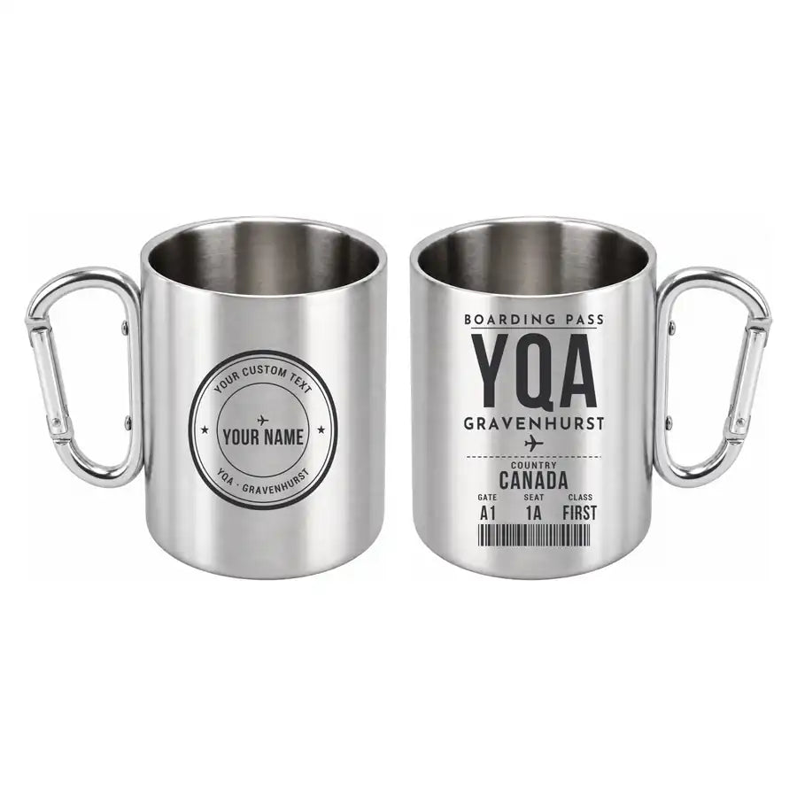 Gravenhurst Muskoka Airport (YQA) Stainless Steel Mugs - Boarding Pass + Custom Back - Outdoors Mug - Silver