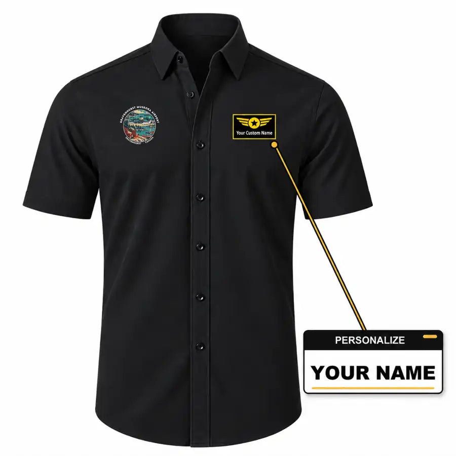 Gravenhurst Muskoka Airport (YQA) Shirts - Short Sleeve Shirt - Badge - Black + NAME