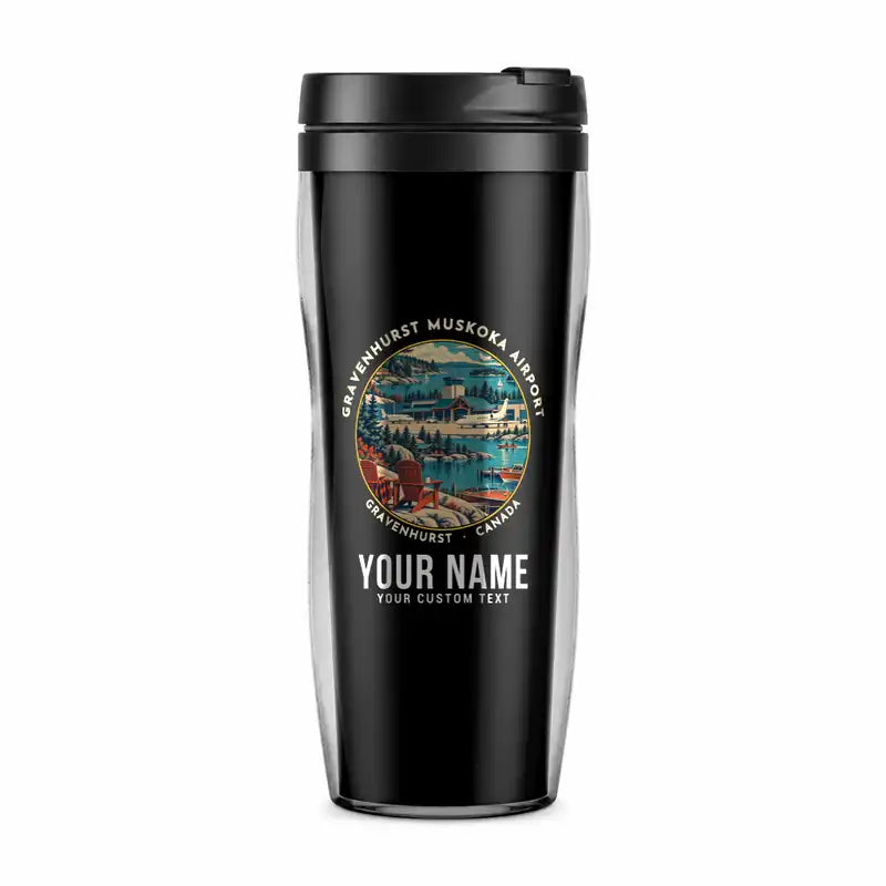 Gravenhurst Muskoka Airport (YQA) Travel Mugs - Badge + Name - Plastic (No Holder) - Black