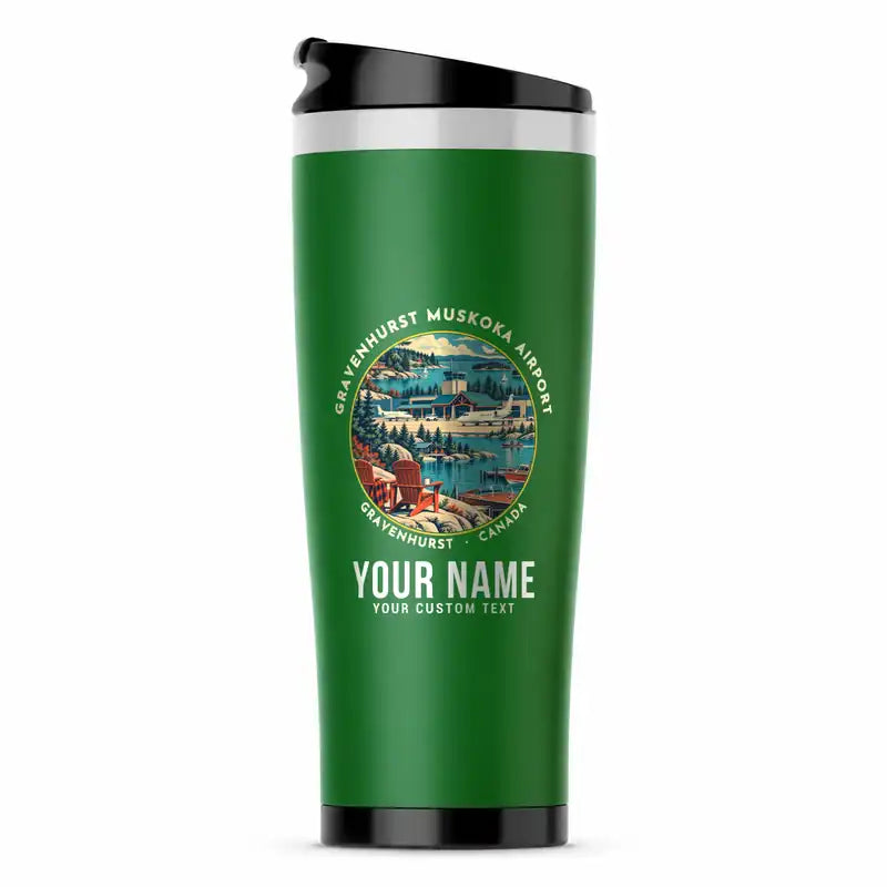 Gravenhurst Muskoka Airport (YQA) Travel Mugs - Badge + Name - Stainless Steel (No Holder) - Green