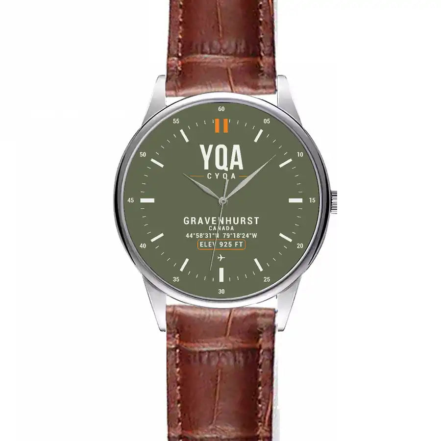 Gravenhurst Muskoka Airport (YQA) Aviator Watches - Classic - Green Army - Leather Strap - Striped Brown Leather Strap