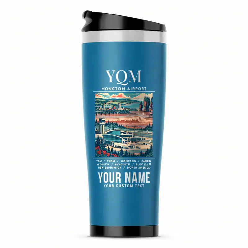 Greater Moncton International Airport (YQM) Travel Mugs - Poster + Name - Stainless Steel (No Holder) - Light Blue