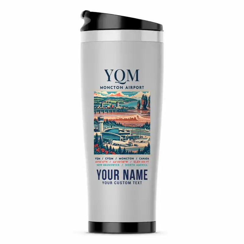 Greater Moncton International Airport (YQM) Travel Mugs - Poster + Name - Stainless Steel (No Holder) - Light Gray