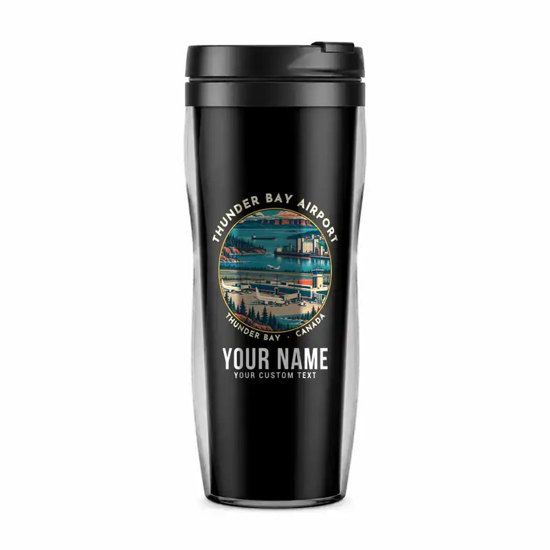 Thunder Bay International Airport (YQT) Travel Mugs - Badge + Name - Plastic (No Holder) - Black