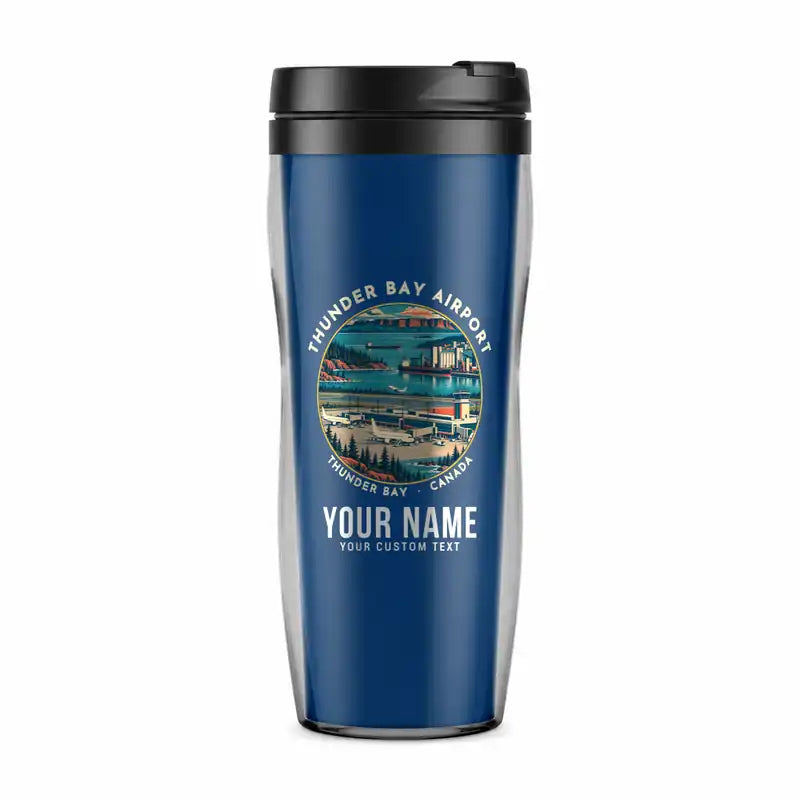Thunder Bay International Airport (YQT) Travel Mugs - Badge + Name - Plastic (No Holder) - Blue