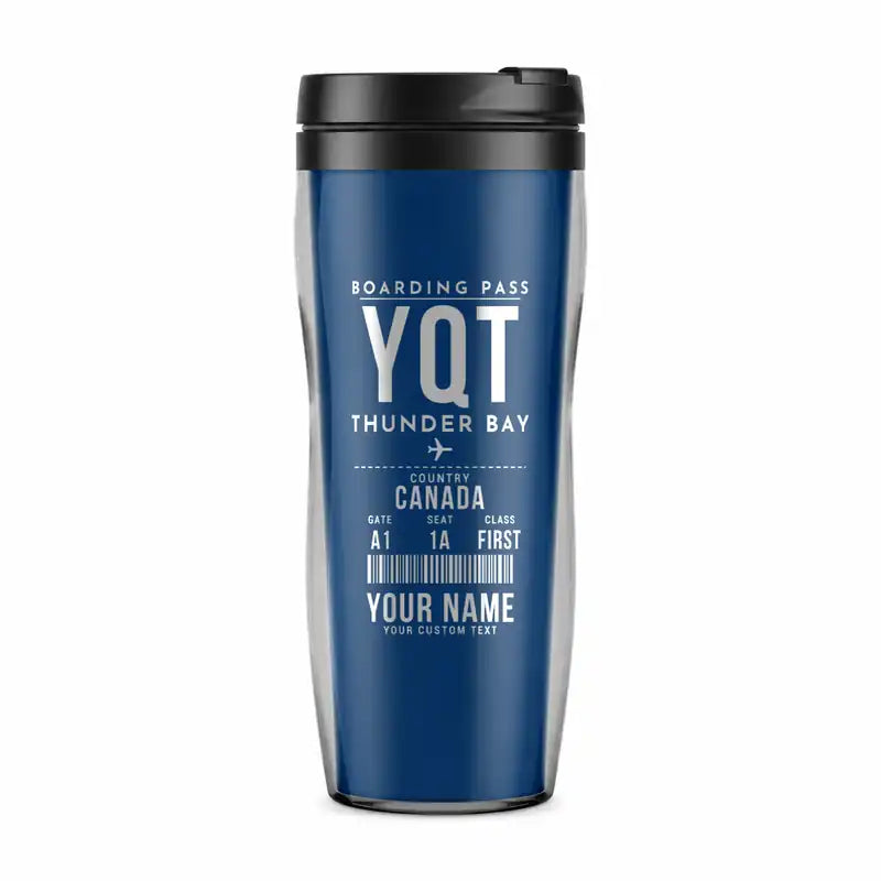 Thunder Bay International Airport (YQT) Travel Mugs - Boarding Pass + Name - Plastic (No Holder) - Blue