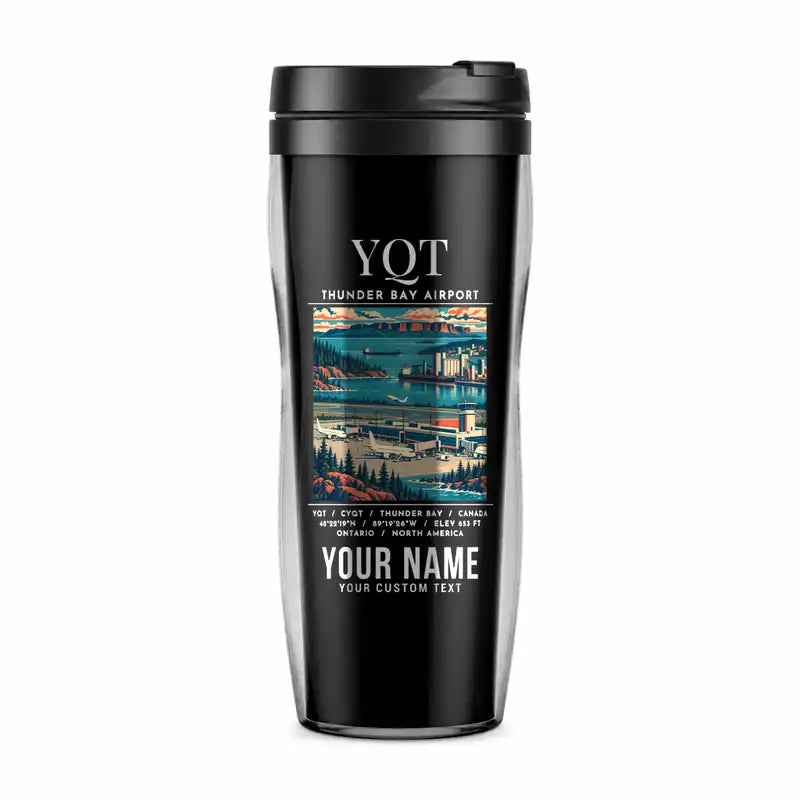 Thunder Bay International Airport (YQT) Travel Mugs - Poster + Name - Plastic (No Holder) - Black