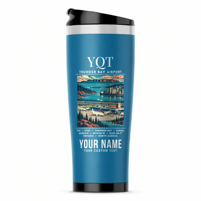 Thunder Bay International Airport (YQT) Travel Mugs - Poster + Name - Stainless Steel (No Holder) - Light Blue