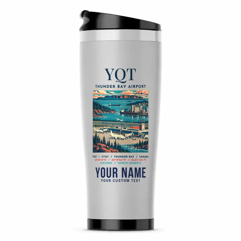 Thunder Bay International Airport (YQT) Travel Mugs - Poster + Name - Stainless Steel (No Holder) - Light Gray