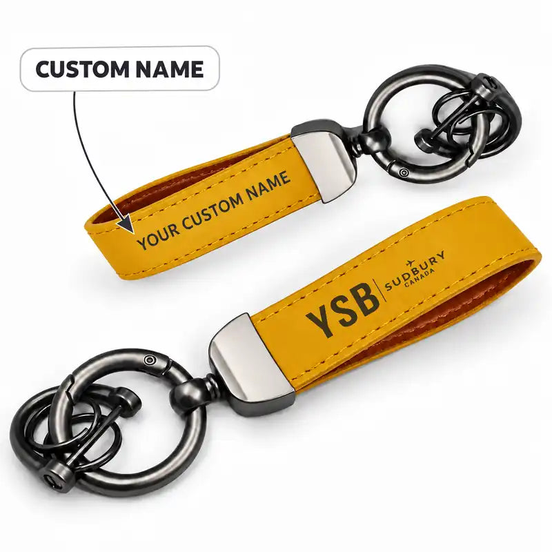 Sudbury Airport (YSB) Leather Key Chains - Leather Key Chain - Horseshoe Buckle - Original Design - Yellow + Name