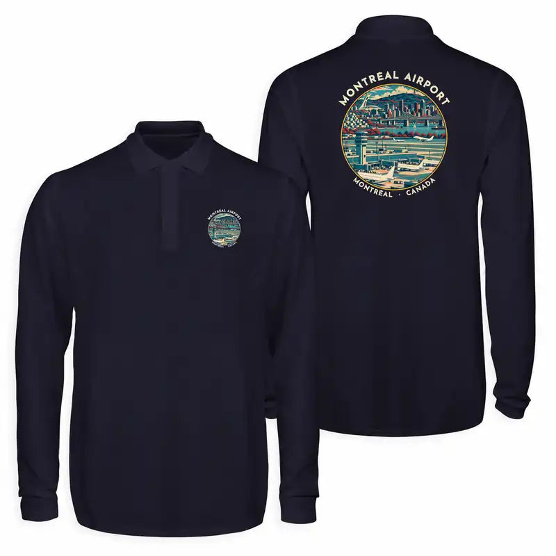 Montréal–Trudeau International Airport (YUL) Premium Polo T-Shirts - Badge - Long Sleeve - Dark Blue