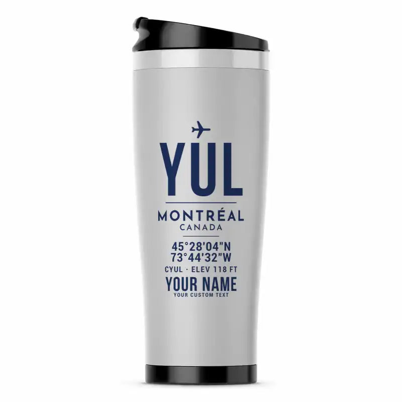 Montréal–Trudeau International Airport (YUL) Travel Mugs - ID Tag + Name - Stainless Steel (No Holder) - Light Gray