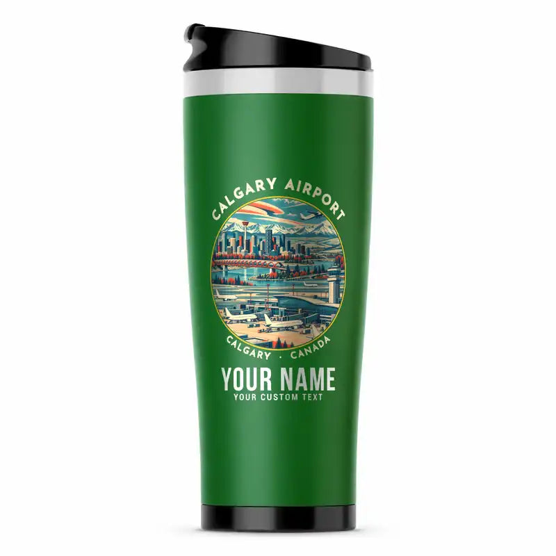 Calgary International Airport (YYC) Travel Mugs - Badge + Name - Stainless Steel (No Holder) - Green