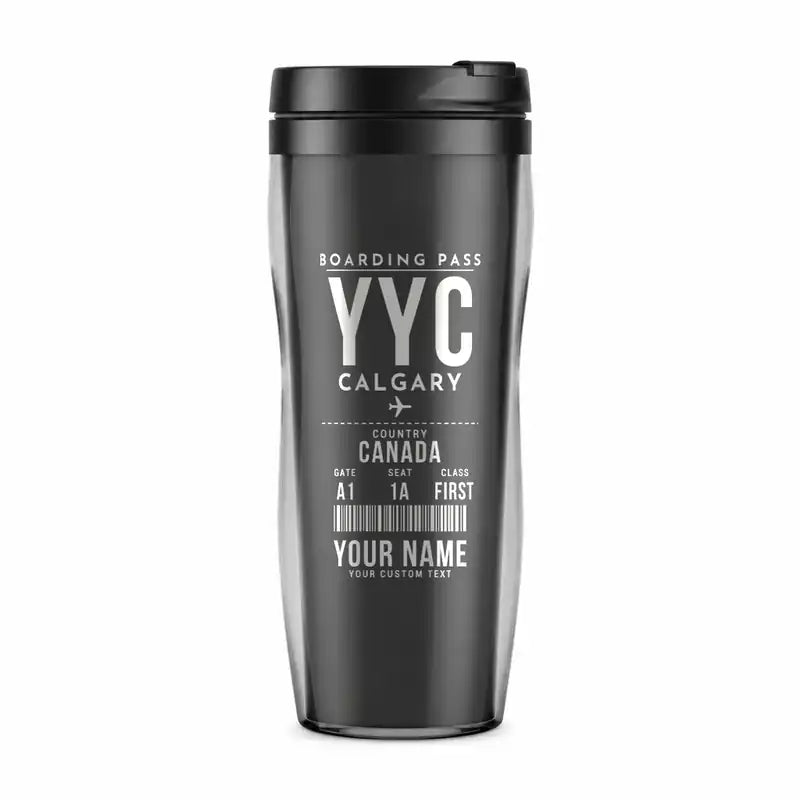 Calgary International Airport (YYC) Travel Mugs - Boarding Pass + Name - Plastic (No Holder) - Gray