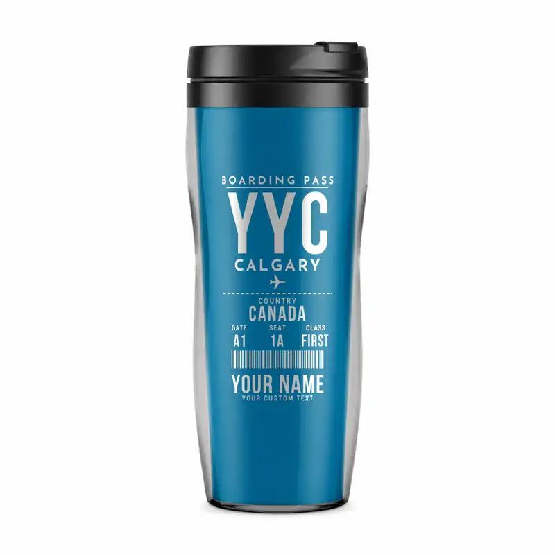 Calgary International Airport (YYC) Travel Mugs - Boarding Pass + Name - Plastic (No Holder) - Light Blue