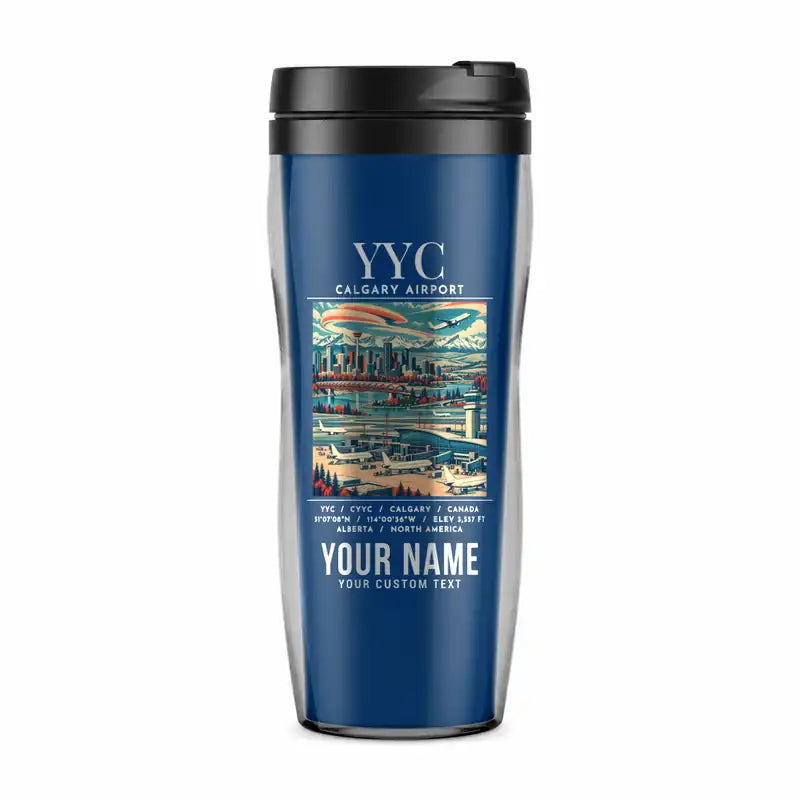 Calgary International Airport (YYC) Travel Mugs - Poster + Name - Plastic (No Holder) - Blue