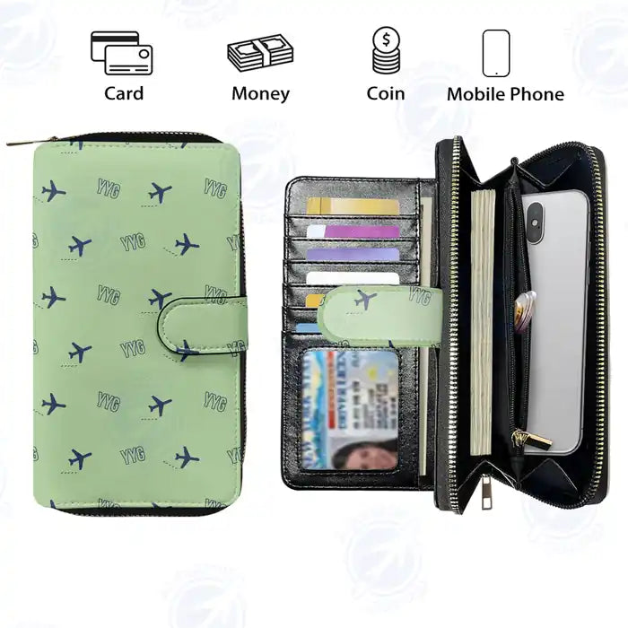 Charlottetown Airport (YYG) Leather Wallets - Zip Long Wallet - Pattern - Light Green