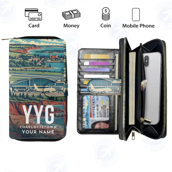 Charlottetown Airport (YYG) Leather Wallets - Zip Long Wallet - Scene + Name