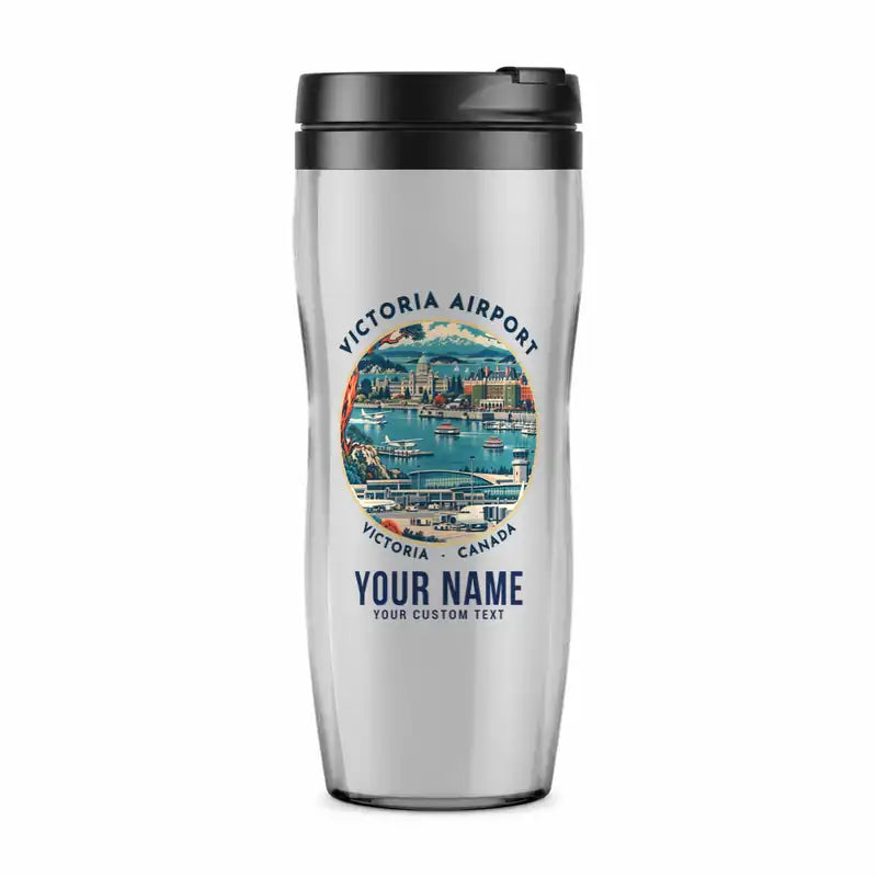 Victoria International Airport (YYJ) Travel Mugs - Badge + Name - Plastic (No Holder) - Light Gray