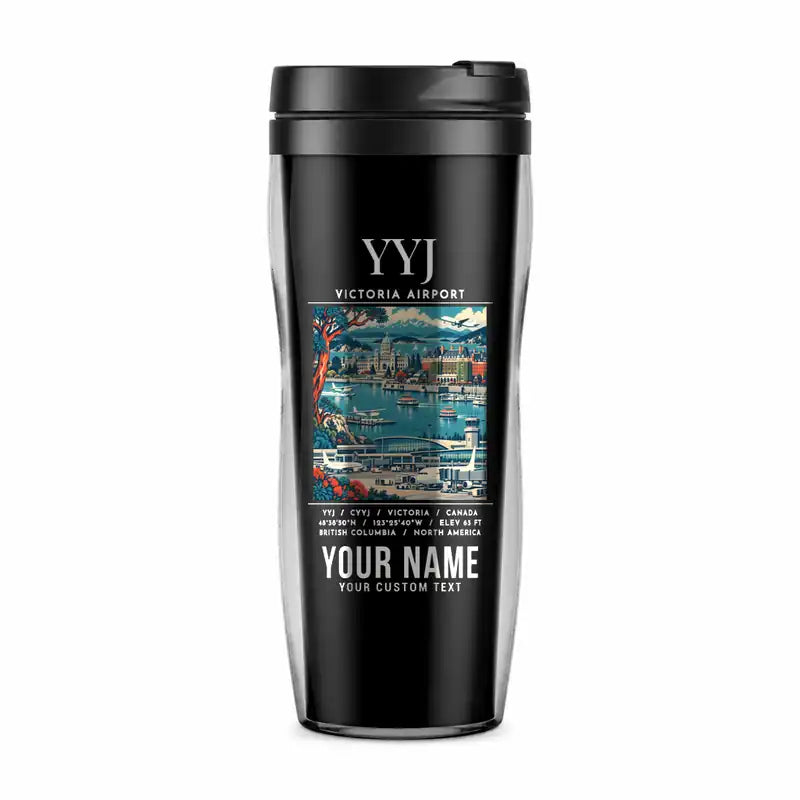 Victoria International Airport (YYJ) Travel Mugs - Poster + Name - Plastic (No Holder) - Black