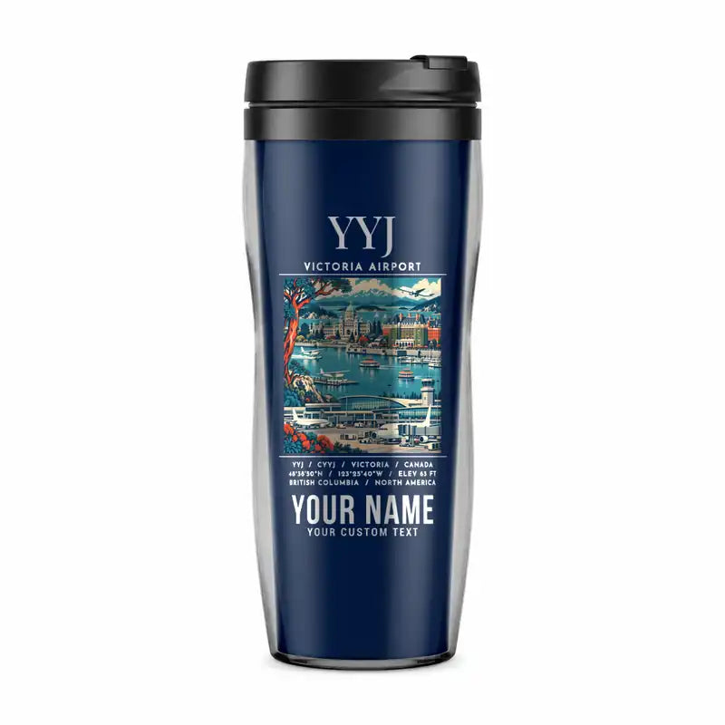 Victoria International Airport (YYJ) Travel Mugs - Poster + Name - Plastic (No Holder) - Dark Blue