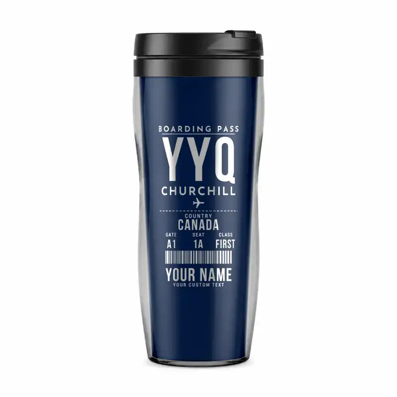 Churchill Airport (YYQ) Travel Mugs - Boarding Pass + Name - Plastic (No Holder) - Dark Blue