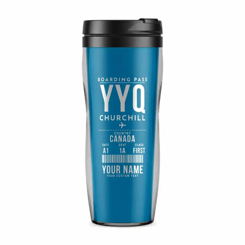 Churchill Airport (YYQ) Travel Mugs - Boarding Pass + Name - Plastic (No Holder) - Light Blue