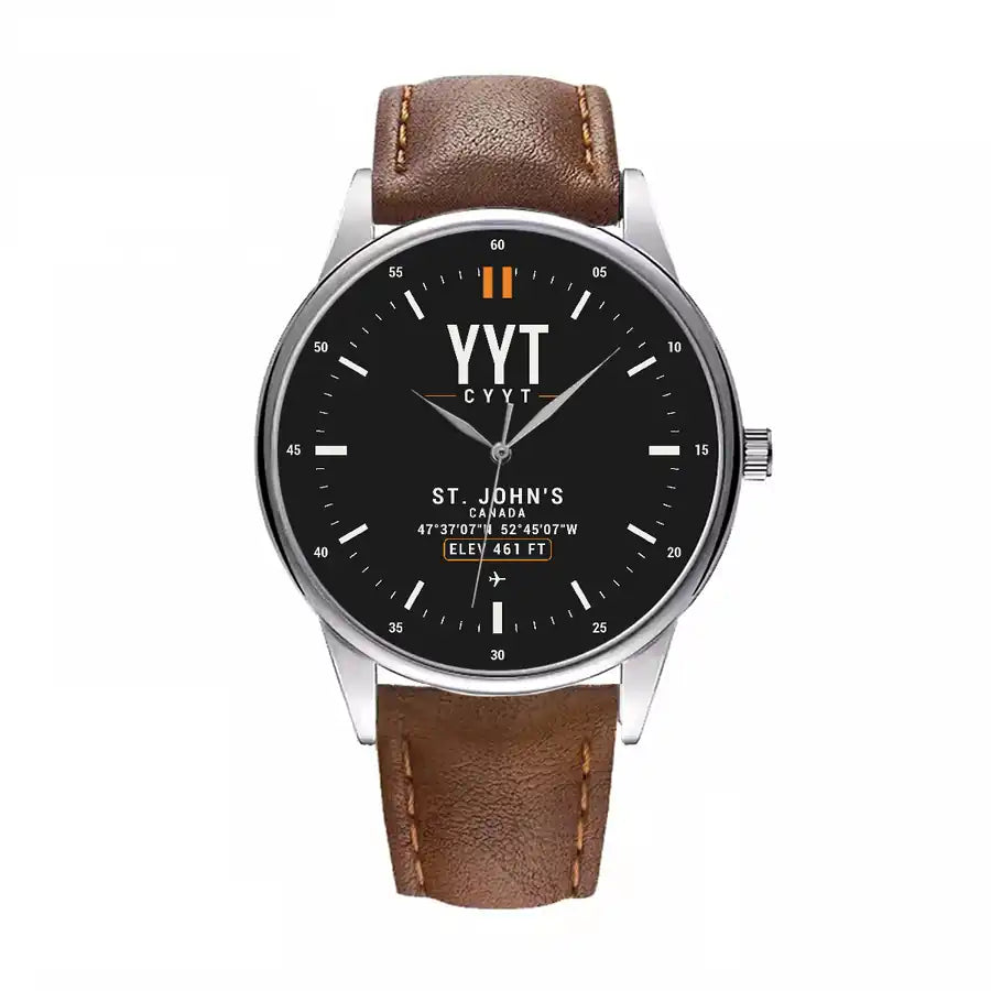 St. John's International Airport (YYT) Aviator Watches - Classic - Black - Leather Strap - Brown Leather Strap