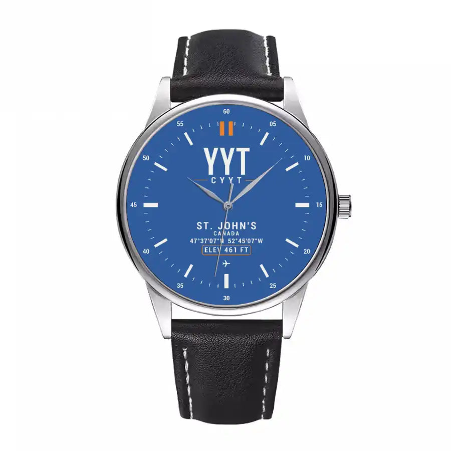 St. John's International Airport (YYT) Aviator Watches - Classic - Blue - Leather Strap - Black Leather Strap