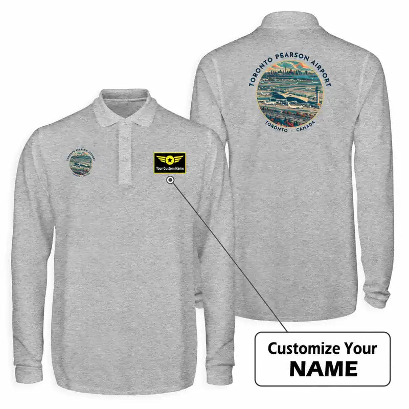 Toronto Pearson International Airport (YYZ) Premium Polo T-Shirts - Badge + Name - Long Sleeve - Gray