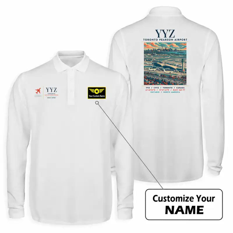 Toronto Pearson International Airport (YYZ) Premium Polo T-Shirts - Poster + Name - Long Sleeve - White