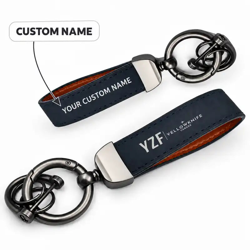 Yellowknife Airport (YZF) Leather Key Chains - Leather Key Chain - Horseshoe Buckle - Original Design - Navy Blue + Name