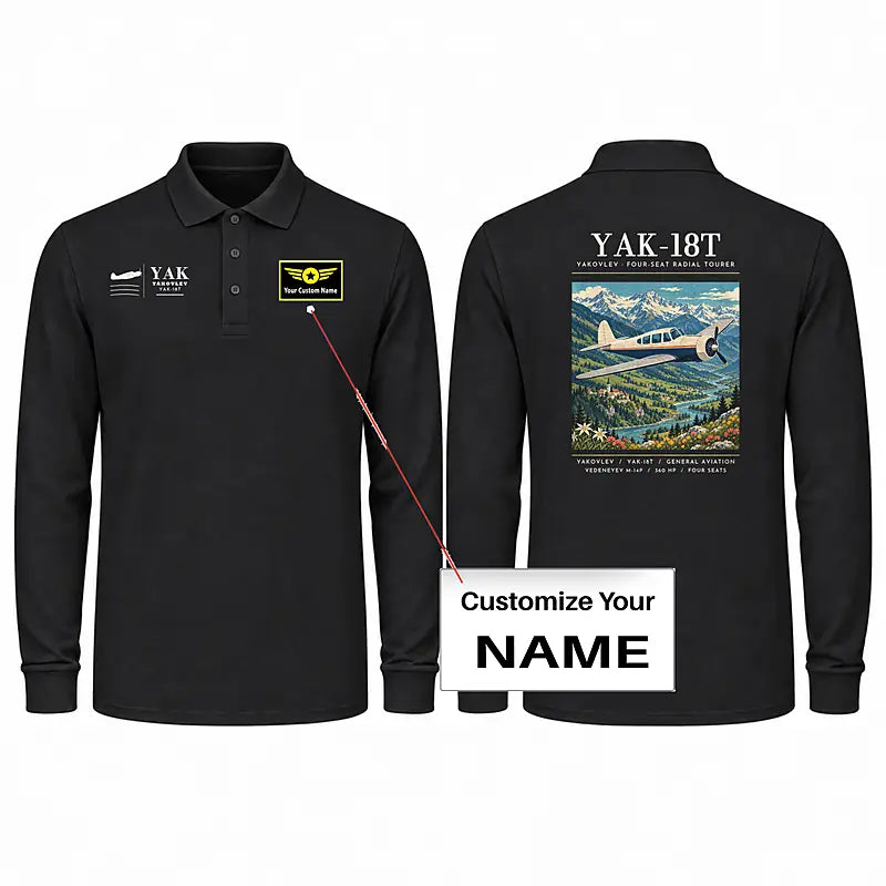 Yakovlev Yak-18T Premium Polo T-Shirts - Poster + Name - Long Sleeve - Black