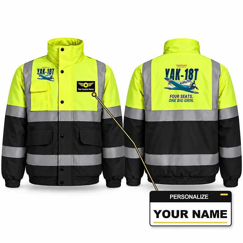 Yakovlev Yak-18T Reflective Winter Jackets - Cartoon + Name - Fluorescent Yellow & Navy