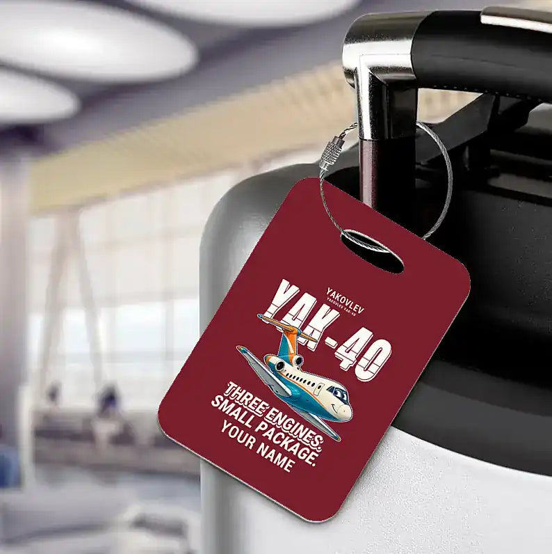 Yakovlev Yak-40 - Cartoon + Name - Luggage Tag - Dark Red