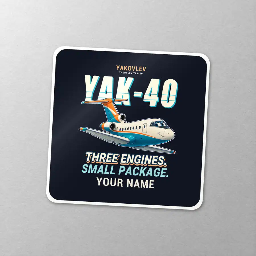 Yakovlev Yak-40 - Cartoon + Name - Square Sticker - Close-up