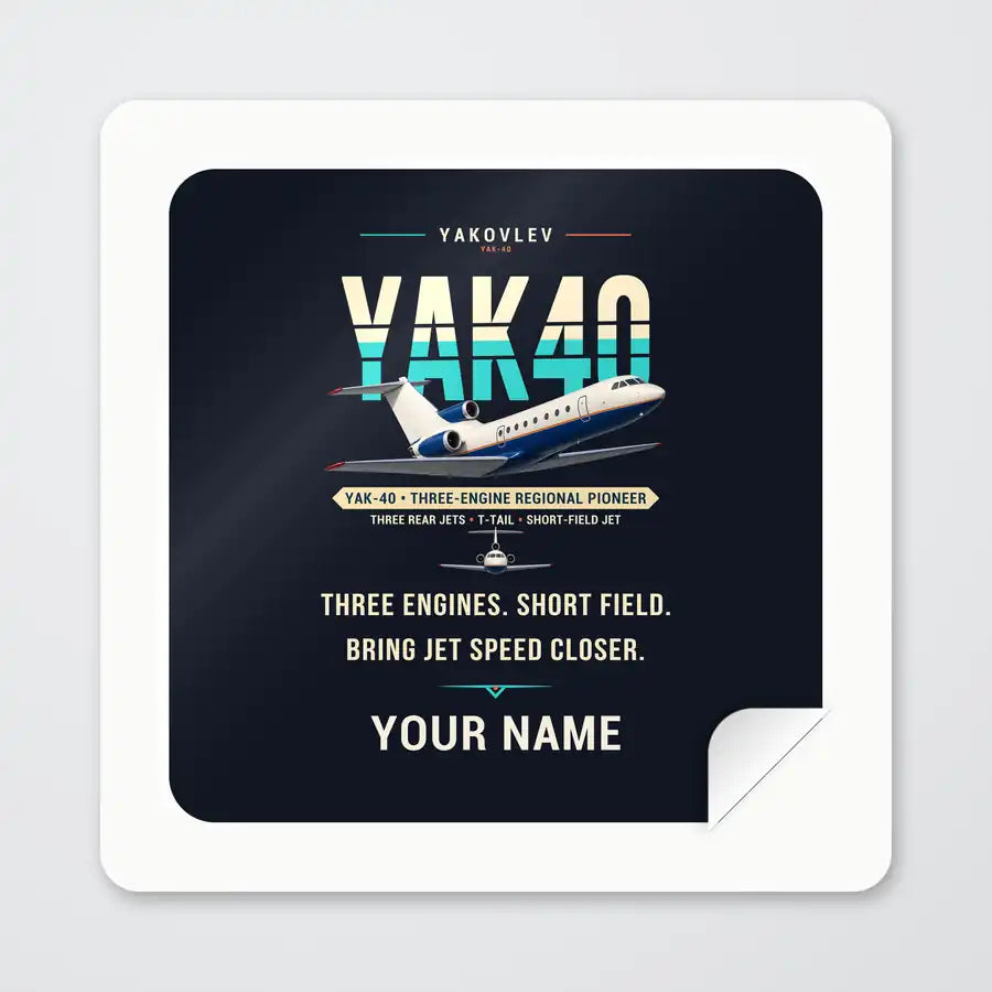 Yakovlev Yak-40 - Original + Name - Square Sticker - Peel