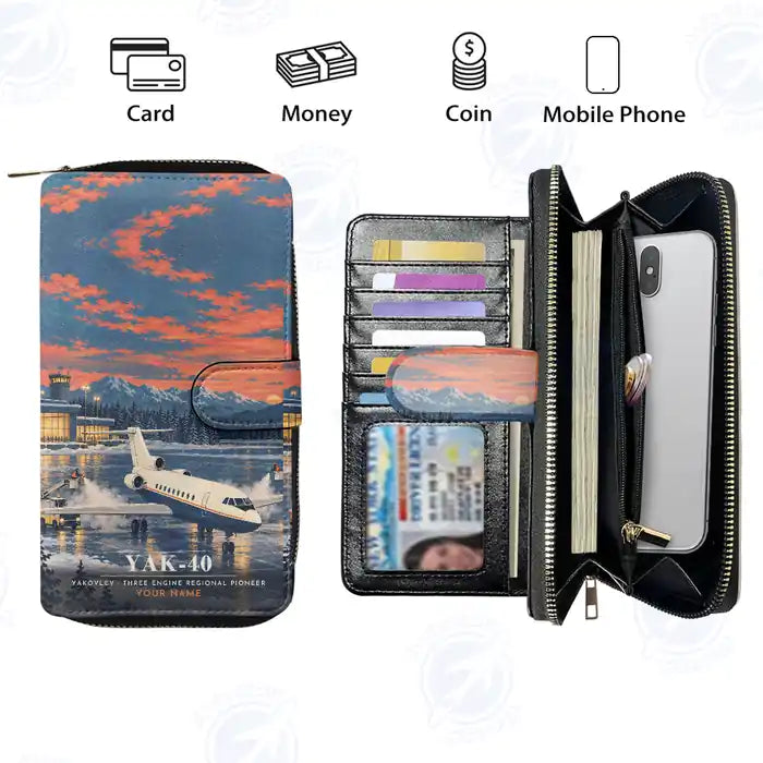 Yakovlev Yak-40 Leather Wallets - Zip Long Wallet - 3D + Name