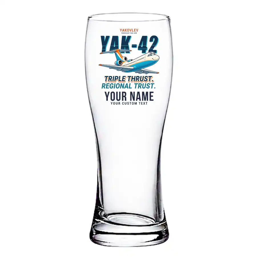 Yakovlev Yak-42D - Cartoon + Name - Pilsner Beer Glass