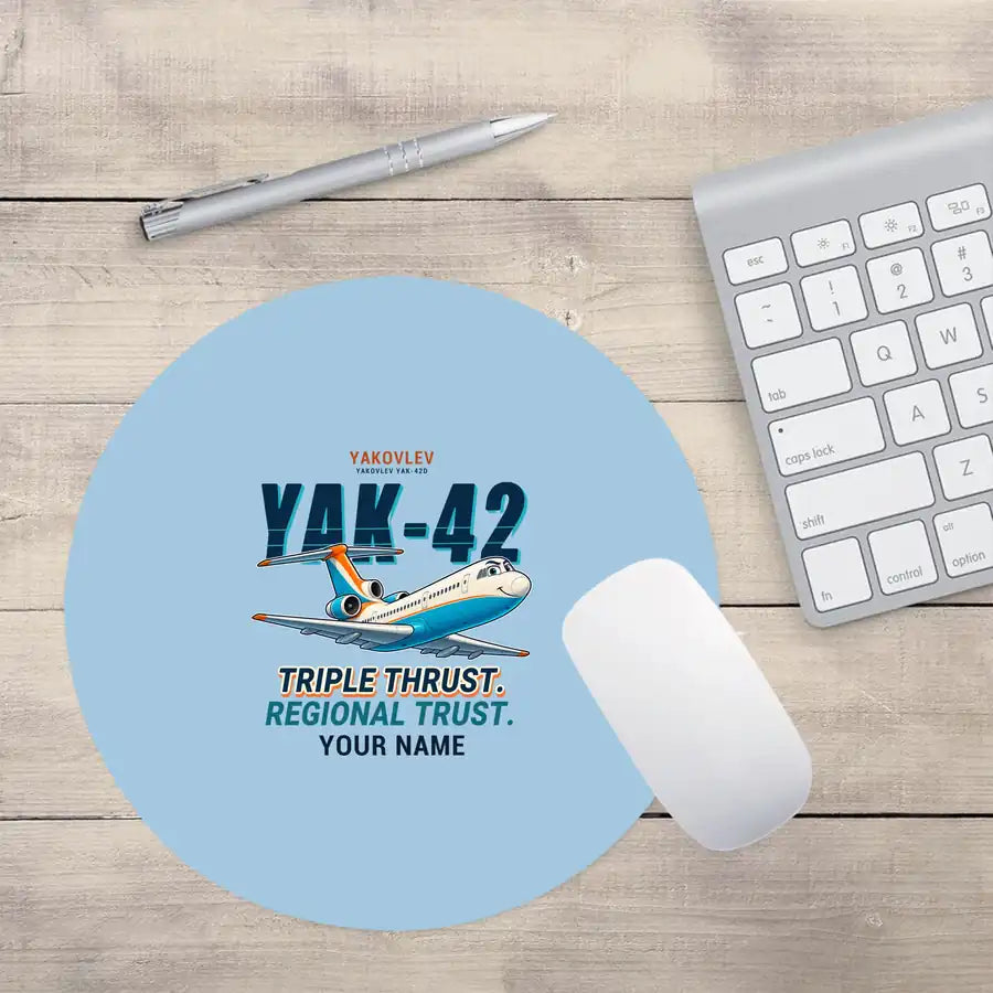 Yakovlev Yak-42D - Cartoon + Name - Round Mouse Pad - Light Blue