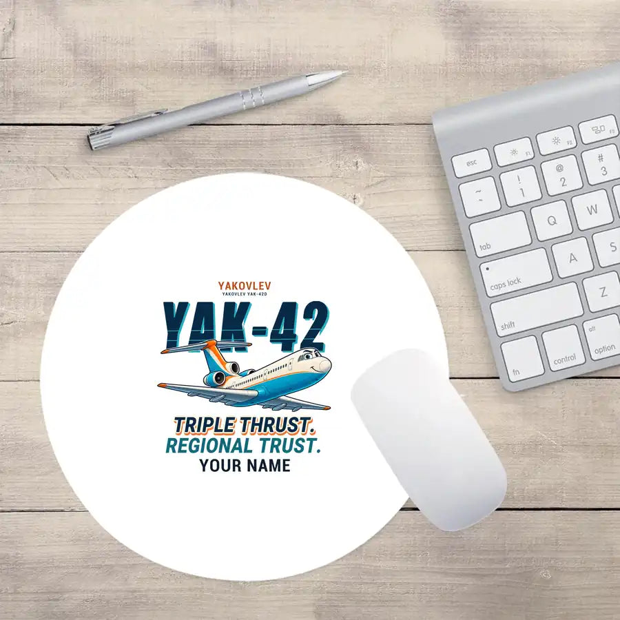 Yakovlev Yak-42D - Cartoon + Name - Round Mouse Pad - White