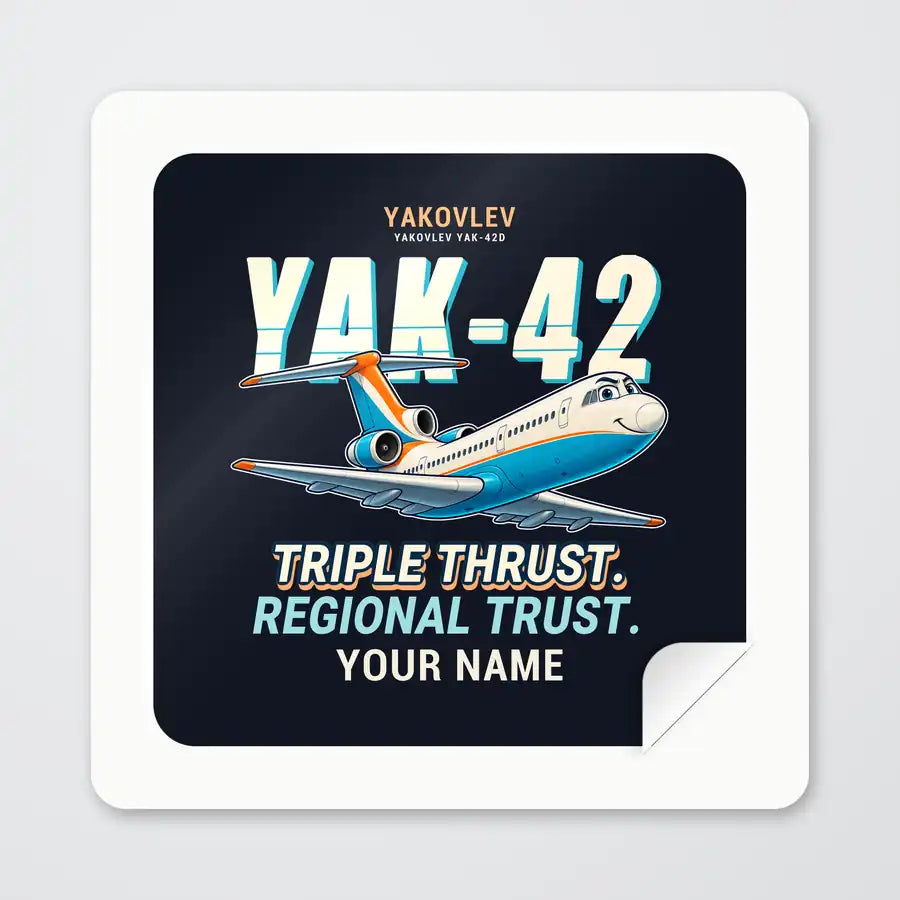 Yakovlev Yak-42D - Cartoon + Name - Square Sticker - Peel