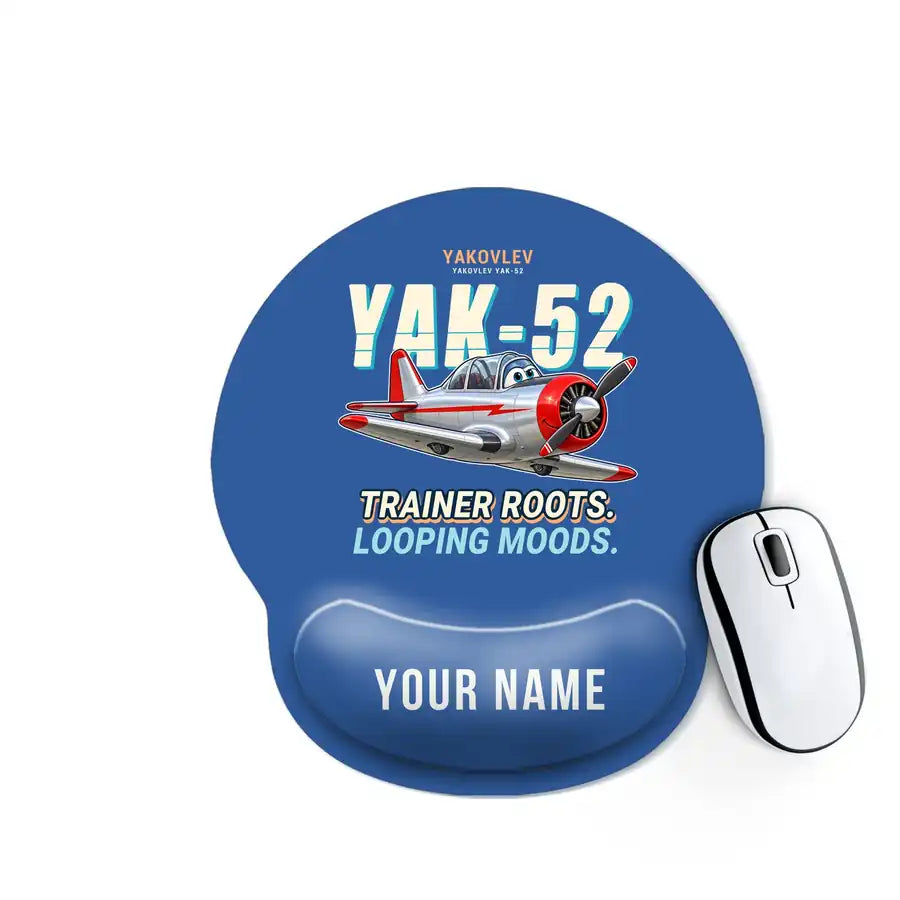 Yakovlev Yak-52 - Cartoon + Name - Ergonomic Mouse Pad - Blue