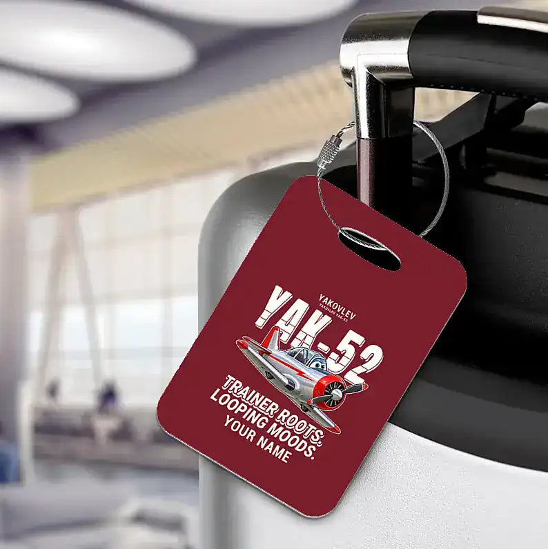 Yakovlev Yak-52 - Cartoon + Name - Luggage Tag - Dark Red